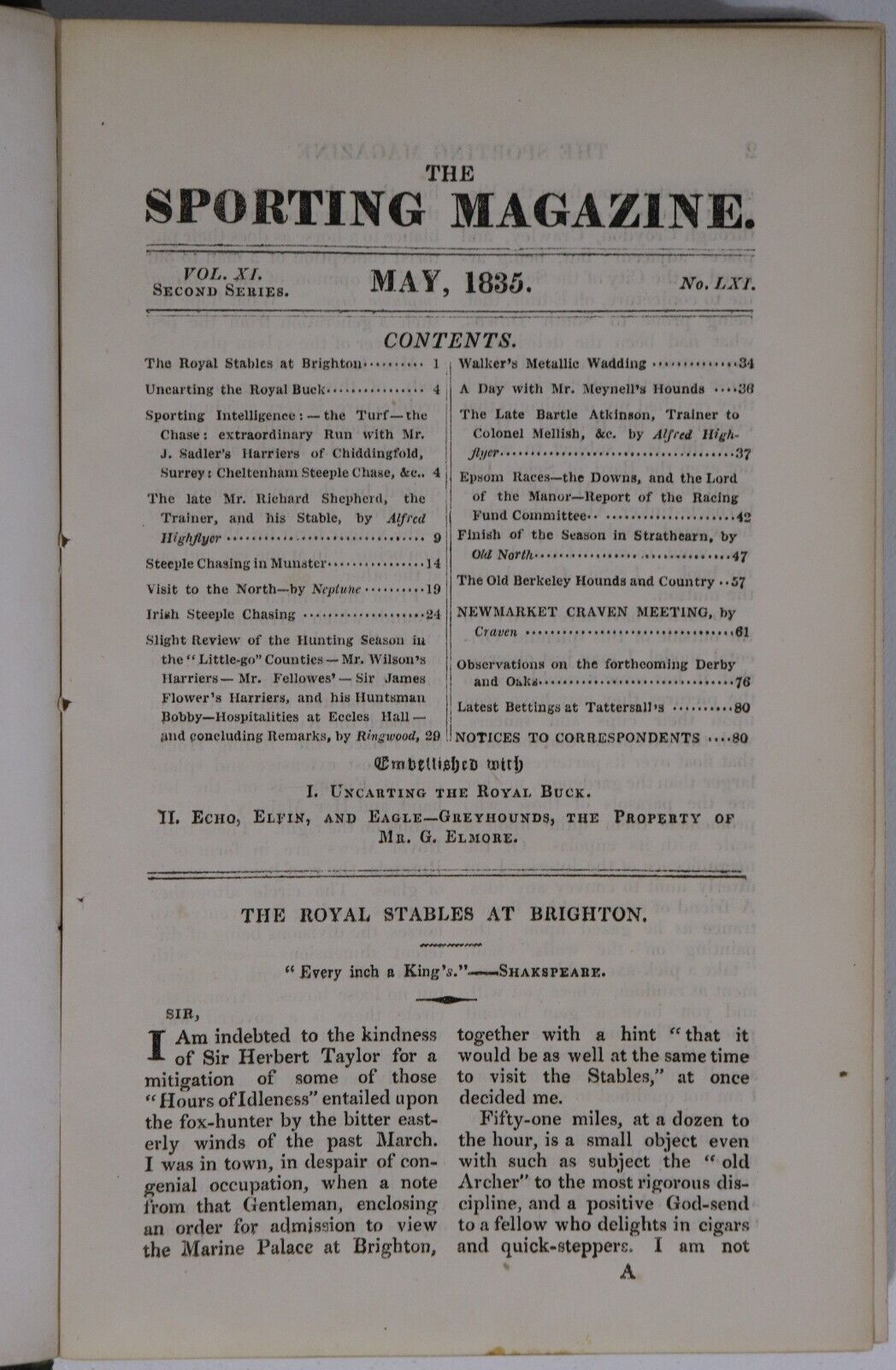 1835 The Sporting Magazine: Monthly Calendar Antique British Sport History Book