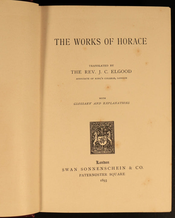 1893 The Works Of Horace Antique Roman Literature Book Poetry Quintus Flaccus