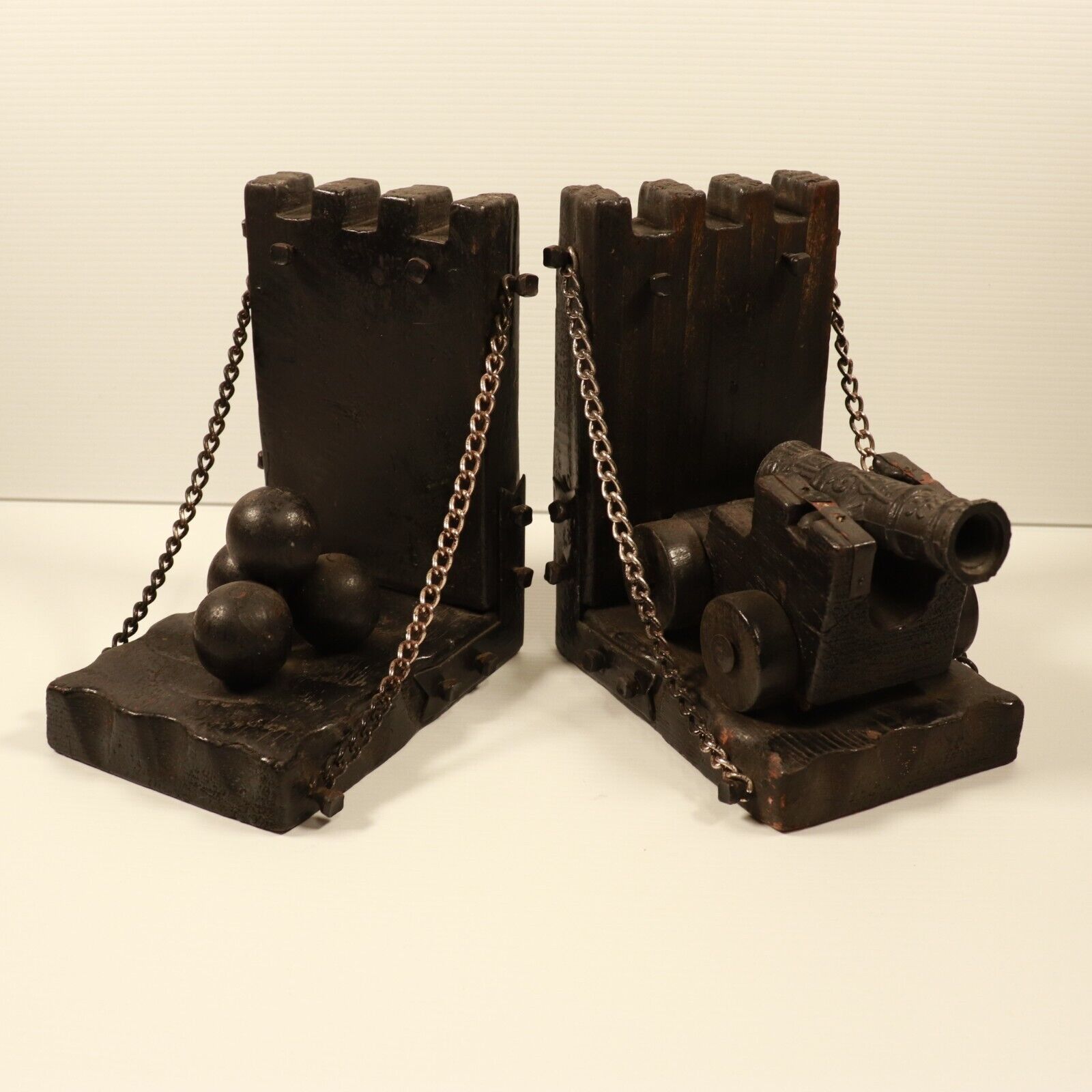 c1960's Military or Medieval Themed Bookends Vintage Wooden & Cast Bookends