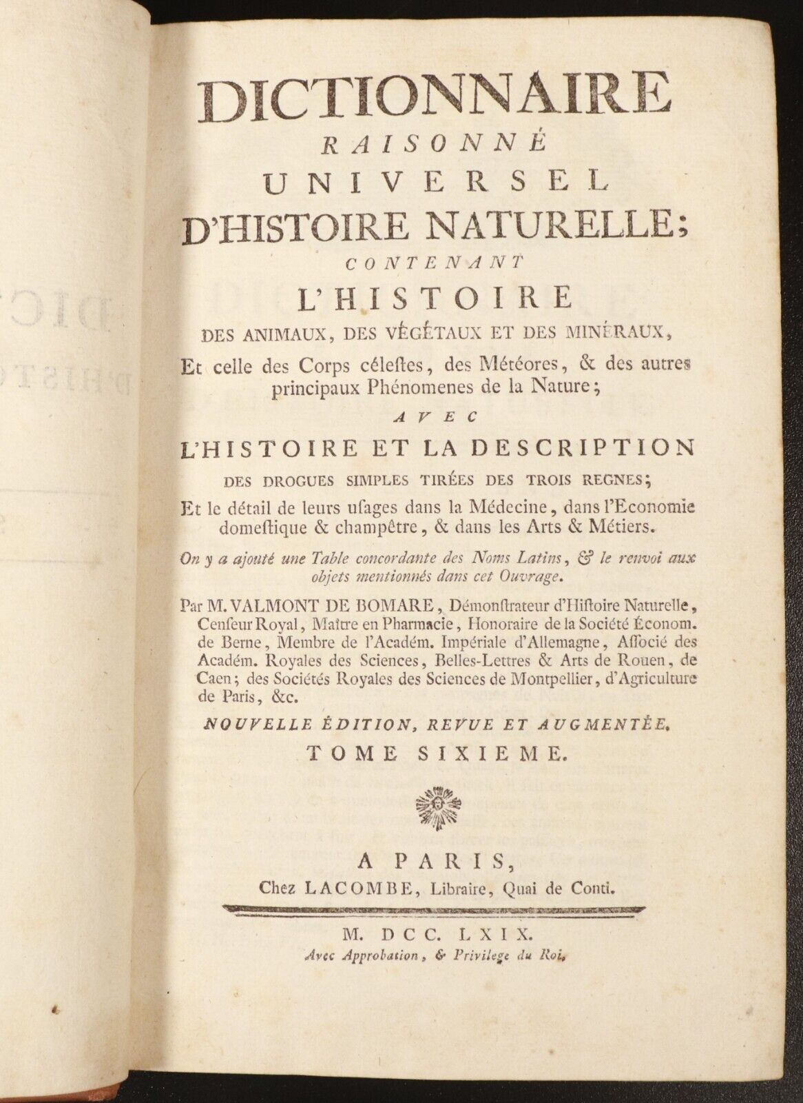 1769 Dictionnaire Raisonné Universel D' Histoire Naturelle Antique History Book