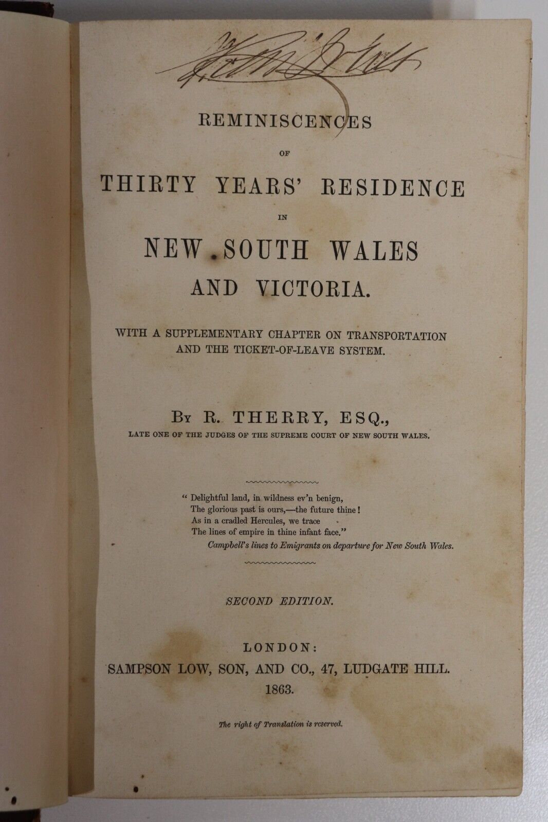 1863 Reminiscences Of Residence in NSW & VIC Australian History Antique Book - 0