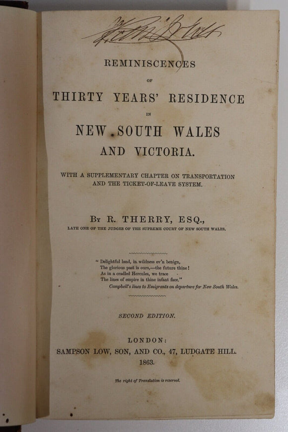 1863 Reminiscences Of Residence in NSW & VIC Australian History Antique Book