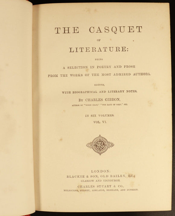 The Casquet Of Literature by Charles Gibbon 6vol c1877 Antique History Book Set