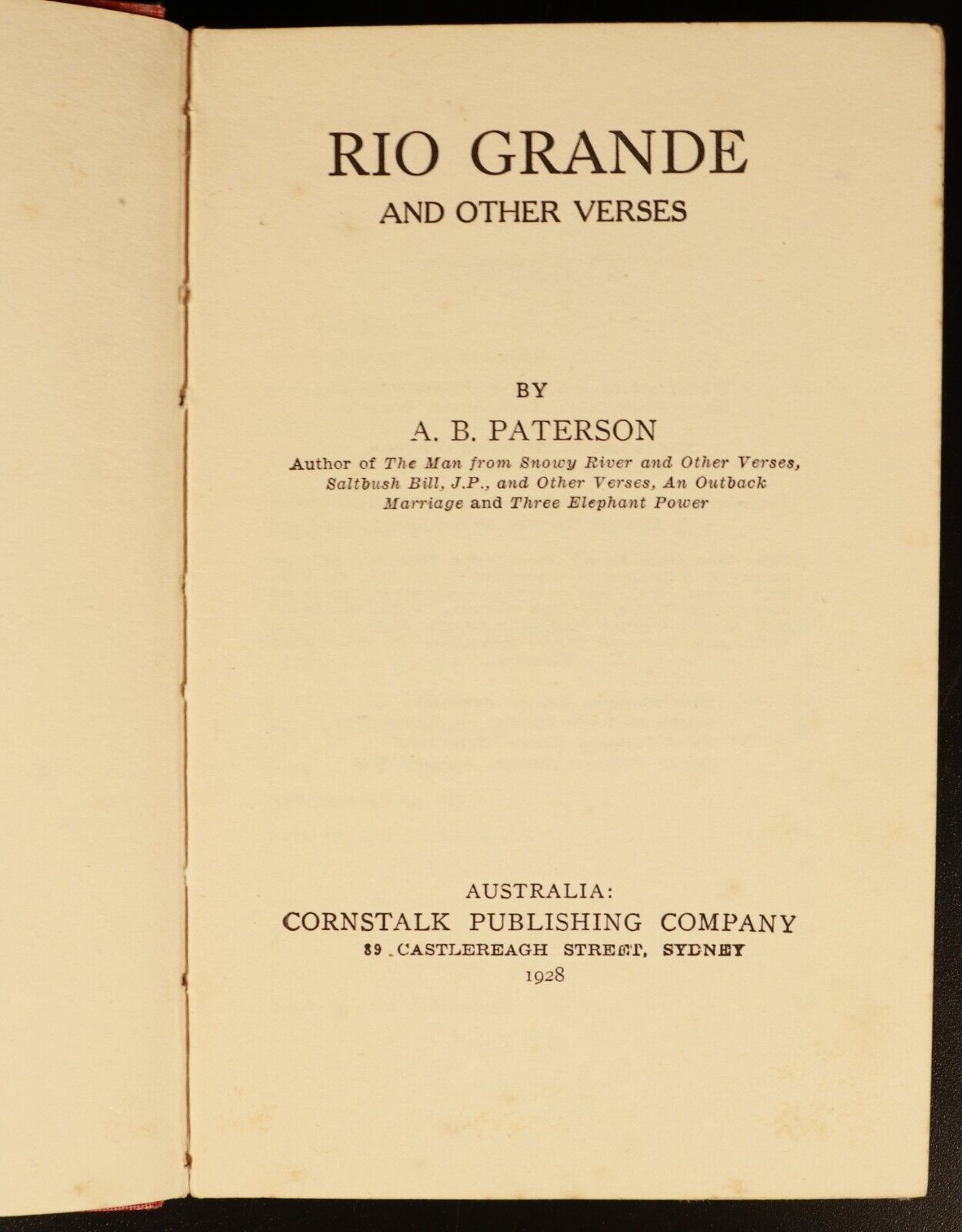 1928 Rio Grande & Other Verses by AB 'Banjo' Paterson Australian Fiction Book