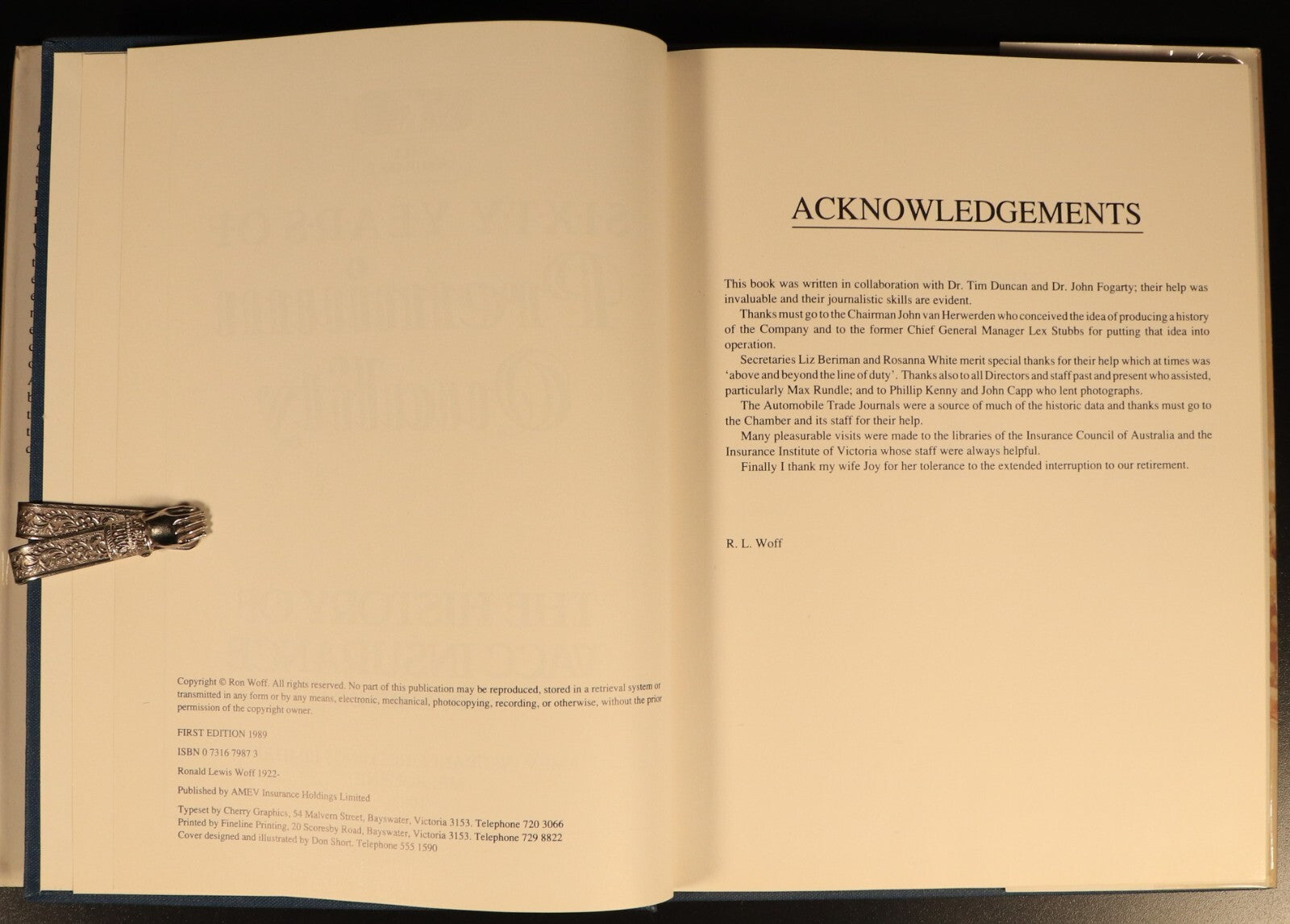 1989 Sixty Years Of Premium Quality VACC Insurance Australian History Book
