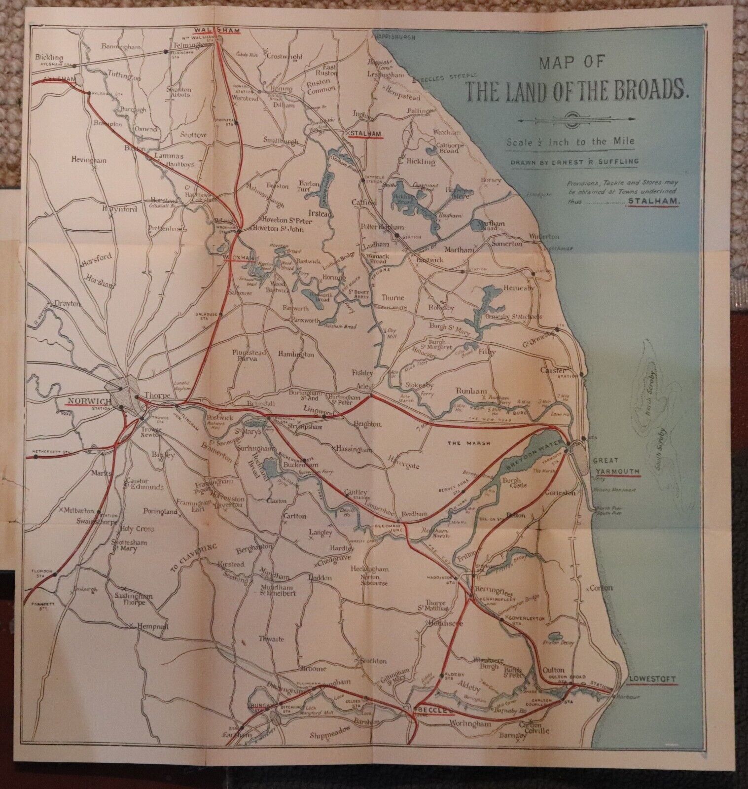 1895 The Land of the Broads: Norfolk & Suffolk Rare Antique Book Colour Map