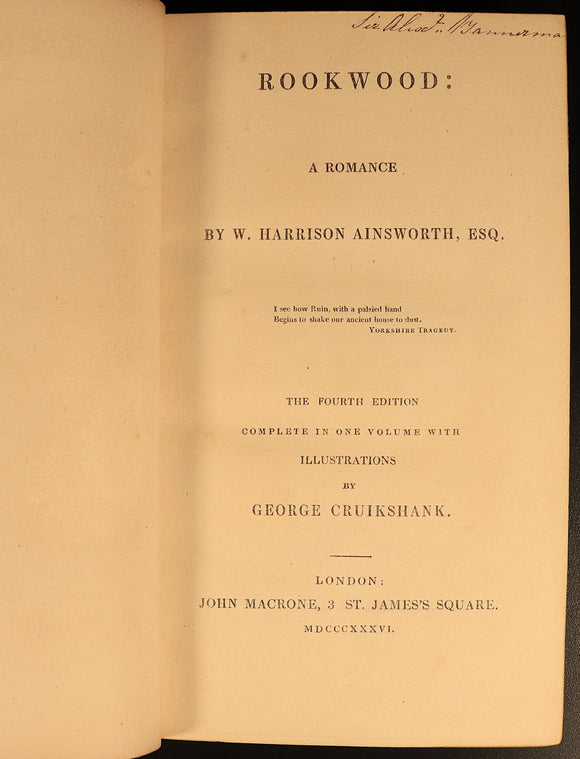 1836 Rookwood: A Romance W. Harrison Ainsworth Antiquarian British Fiction Book