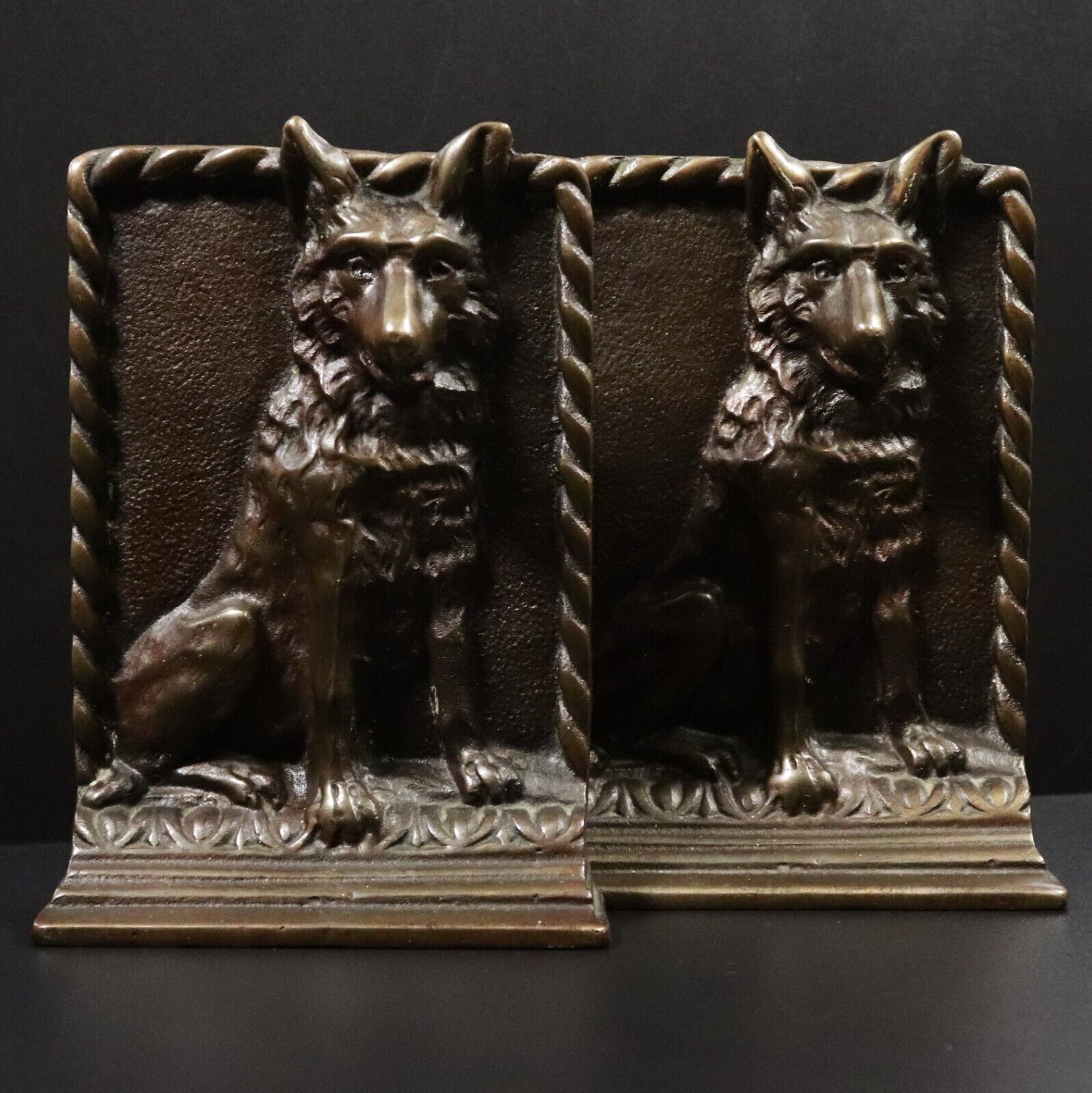 c1930's Wolf Themed Book Ends Antique Cast Brass Bookends Natural History