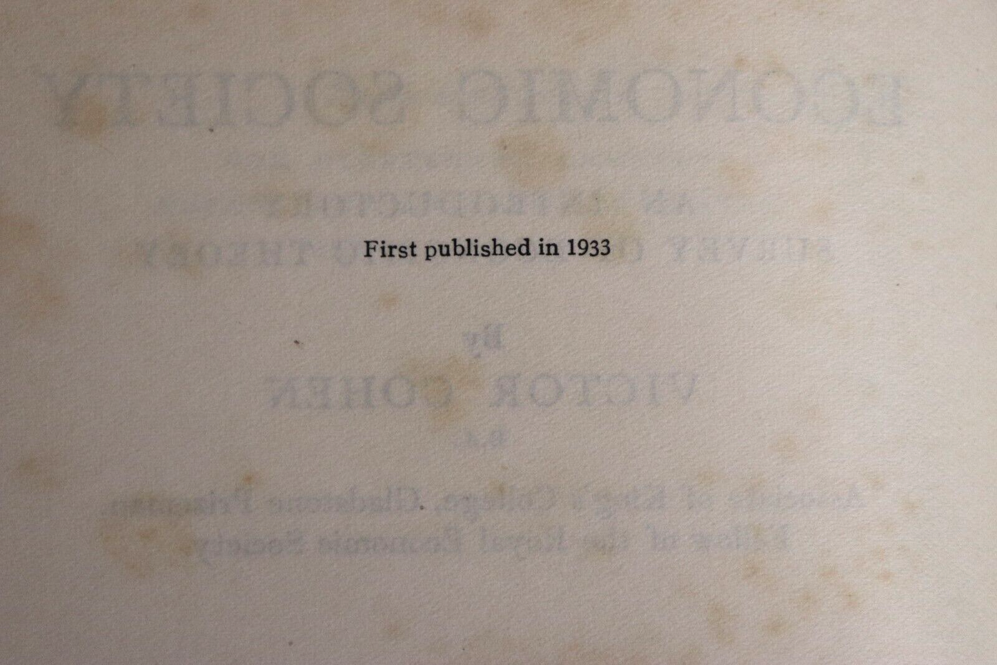 1933 Economic Society by Victor Cohen Antique British History Economics Book