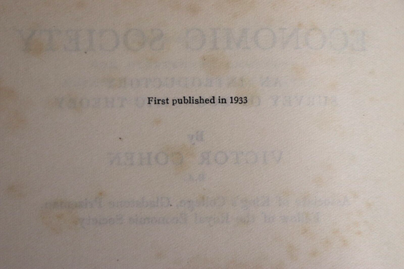 1933 Economic Society by Victor Cohen Antique British History Economics Book
