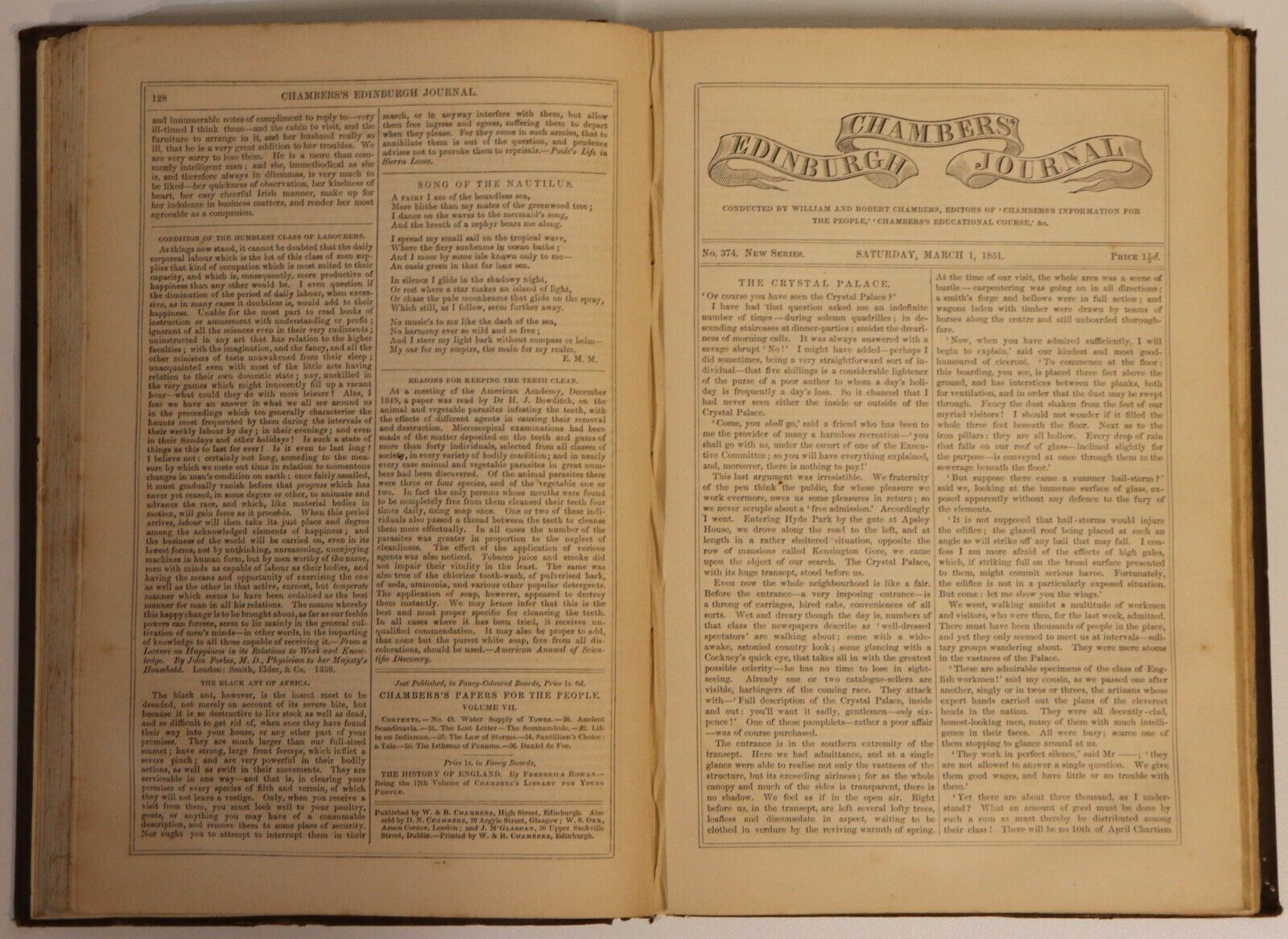 1851 Chambers's Edinburgh Journal Vol. 15 Antique British Reference History Book