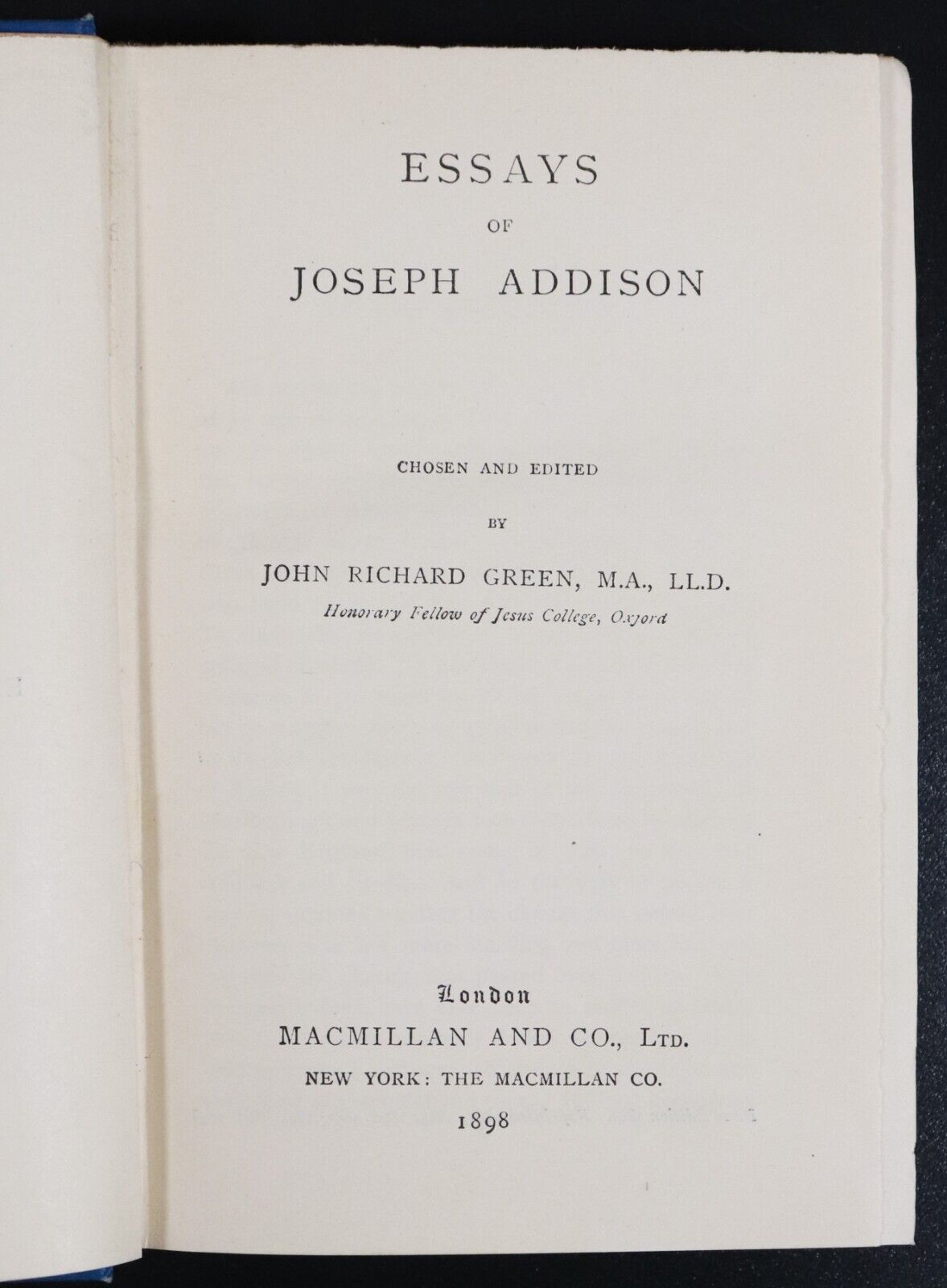 1898 Essays Of Joseph Addison by John Richard Green Antique Literature Book