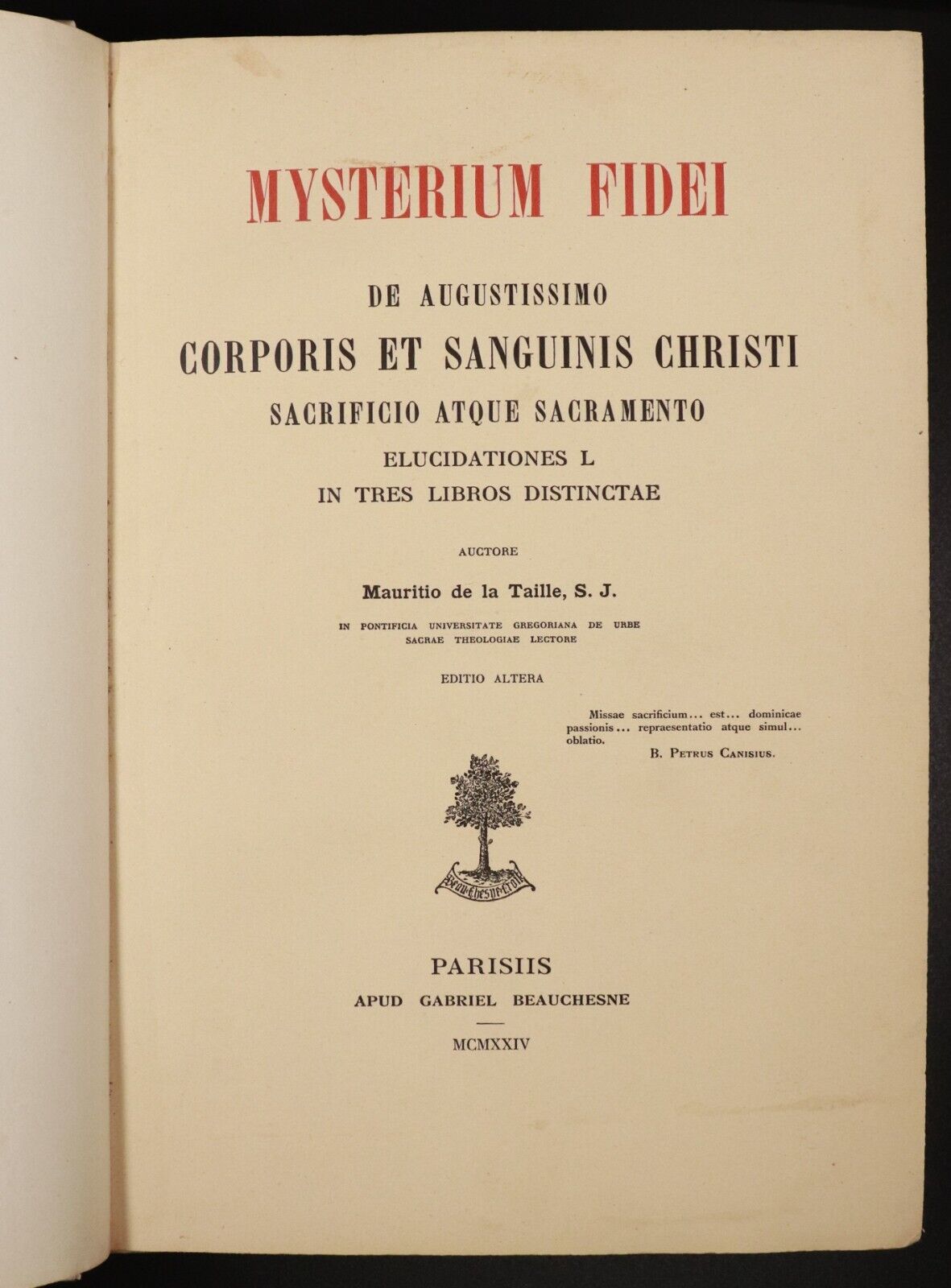 1924 Mysterium Fidei by M. de la Taille Latin Theology Book Vellum Binding