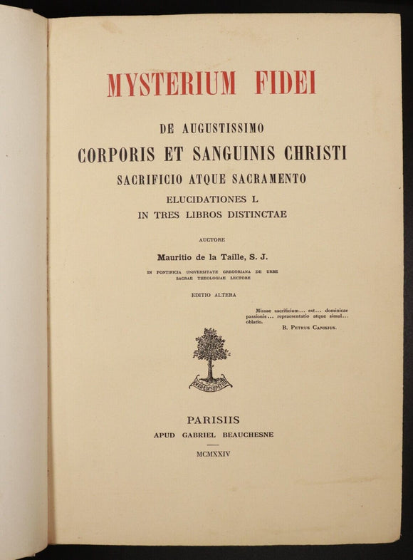 1924 Mysterium Fidei by M. de la Taille Latin Theology Book Vellum Binding
