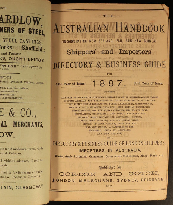 1887 Australian Handbook Directory Business Guide Colonial History Book Maps