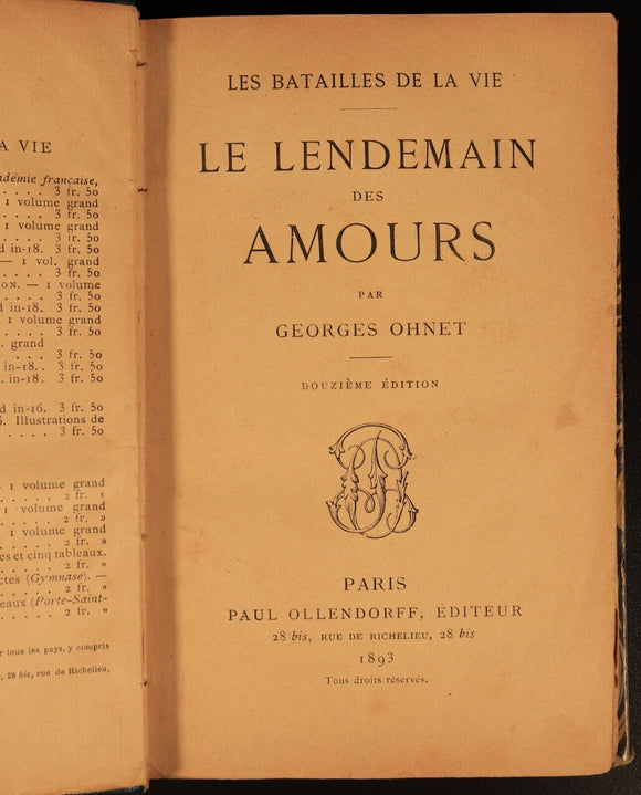 1893 Le Lendemain Des Amours by Georges Ohnet Antiquarian French Fiction Book