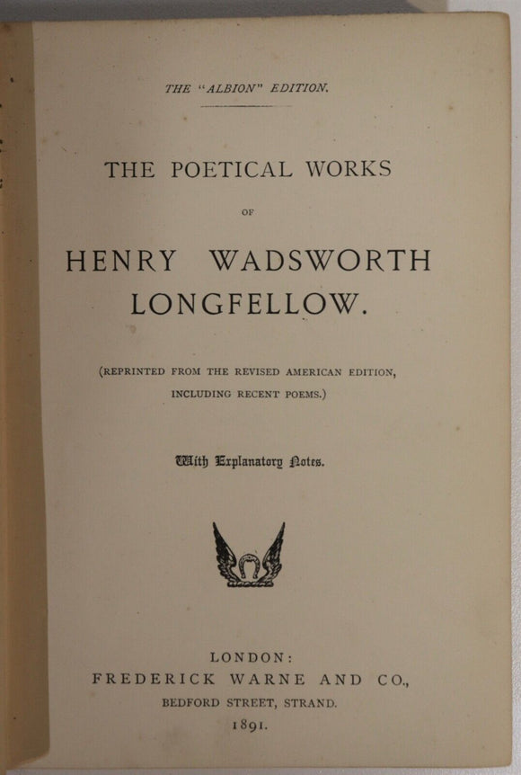 1891 The Poetical Works Of Henry Longfellow Antique American Poetry Book