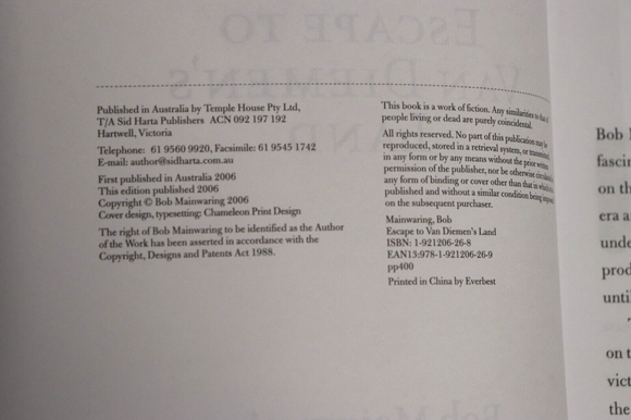 2006 Escape To Van Diemans Land Australian Fiction Convict History Book