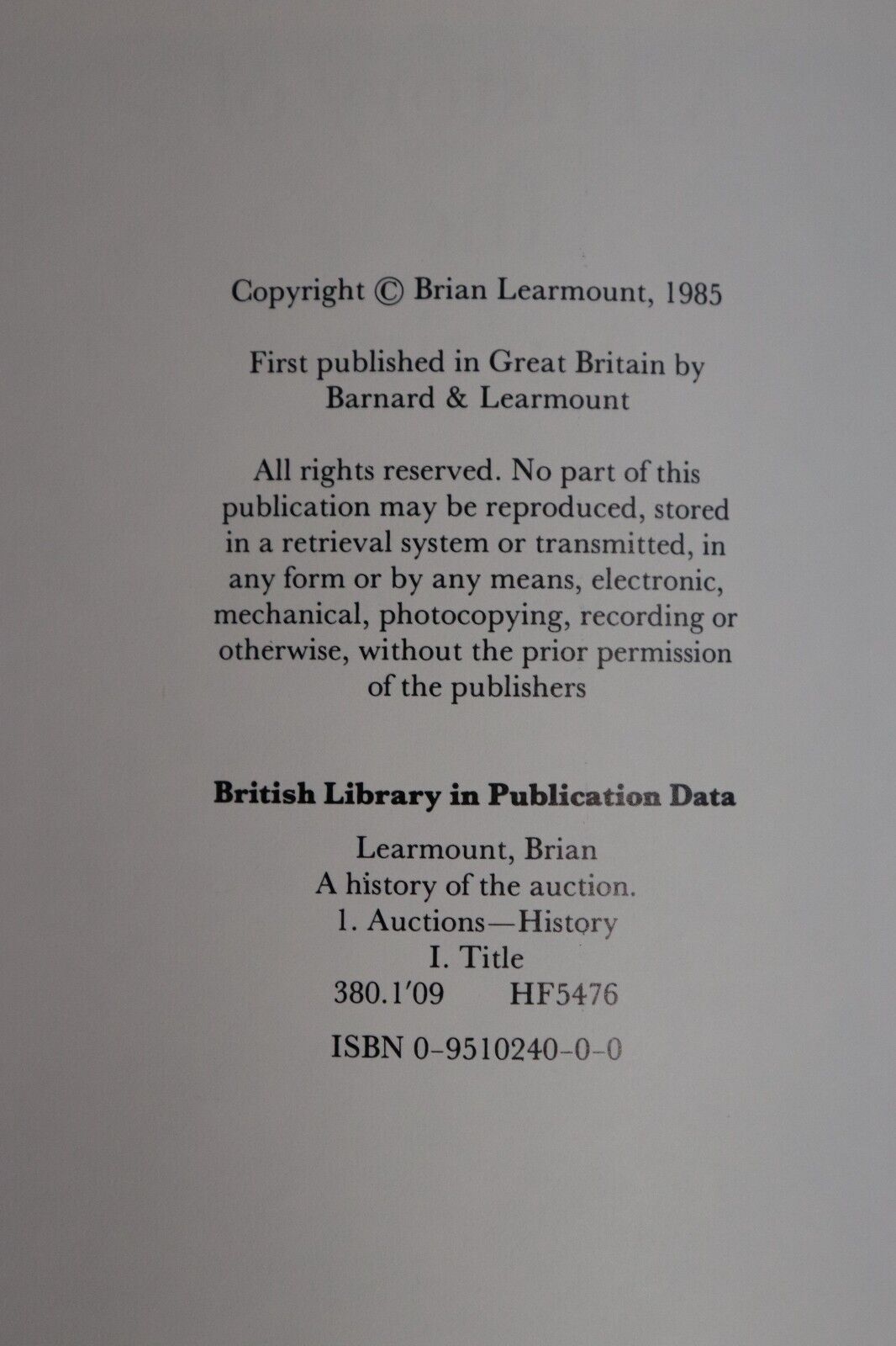 1985 A History Of The Auction by B. Learmount 1st Ed. Finance History Book