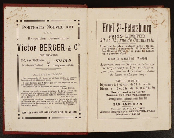 1911 Paris Guide Offert Par L'Hotel St Petersbourg Antique Travel Guide w/Map