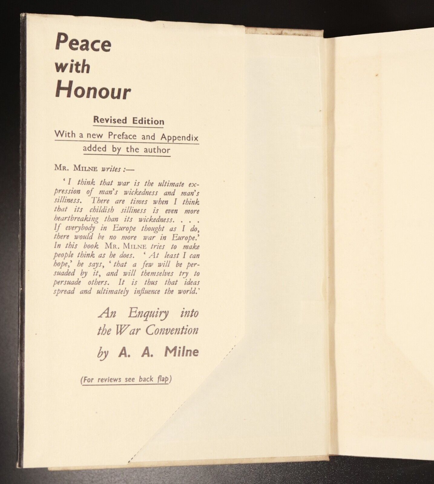 1935 Peace With Honour by A. A. Milne Antique Military History Book 4th Edition