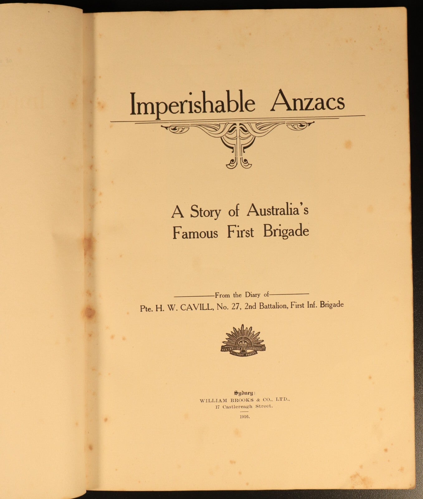 Imperishable Anzacs Story Of First Brigade 1916 Antique Military History Book