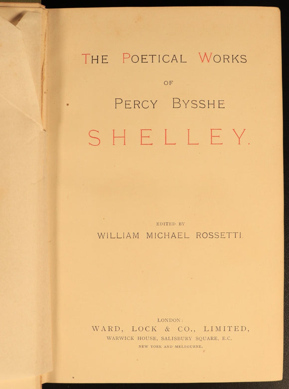 The Poetical Works Of Percy Bysshe Shelley c1895 Rossetti Antique Poetry Book