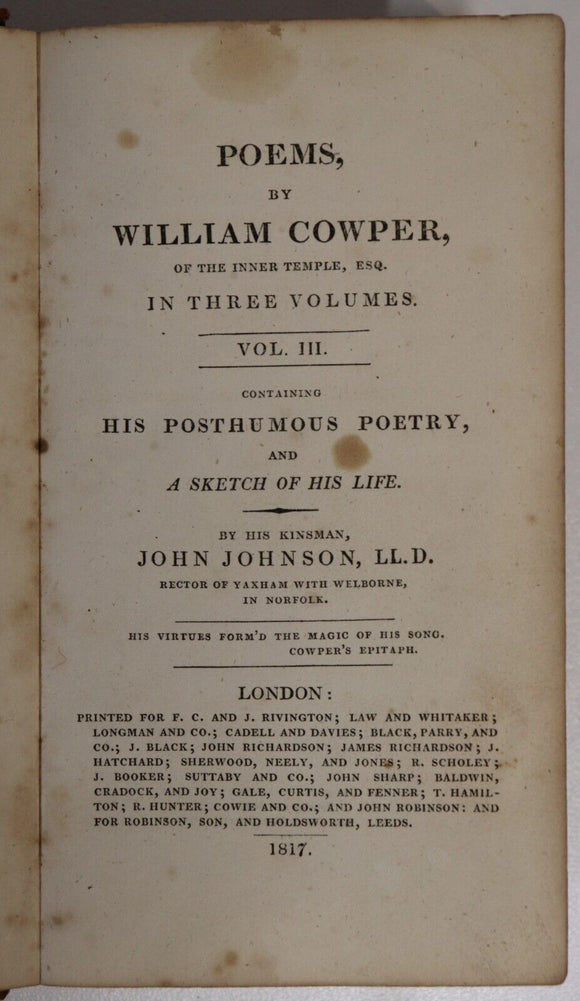 1817 Poems by William Cowper Of The Inner Temple Antique British Poetry Book