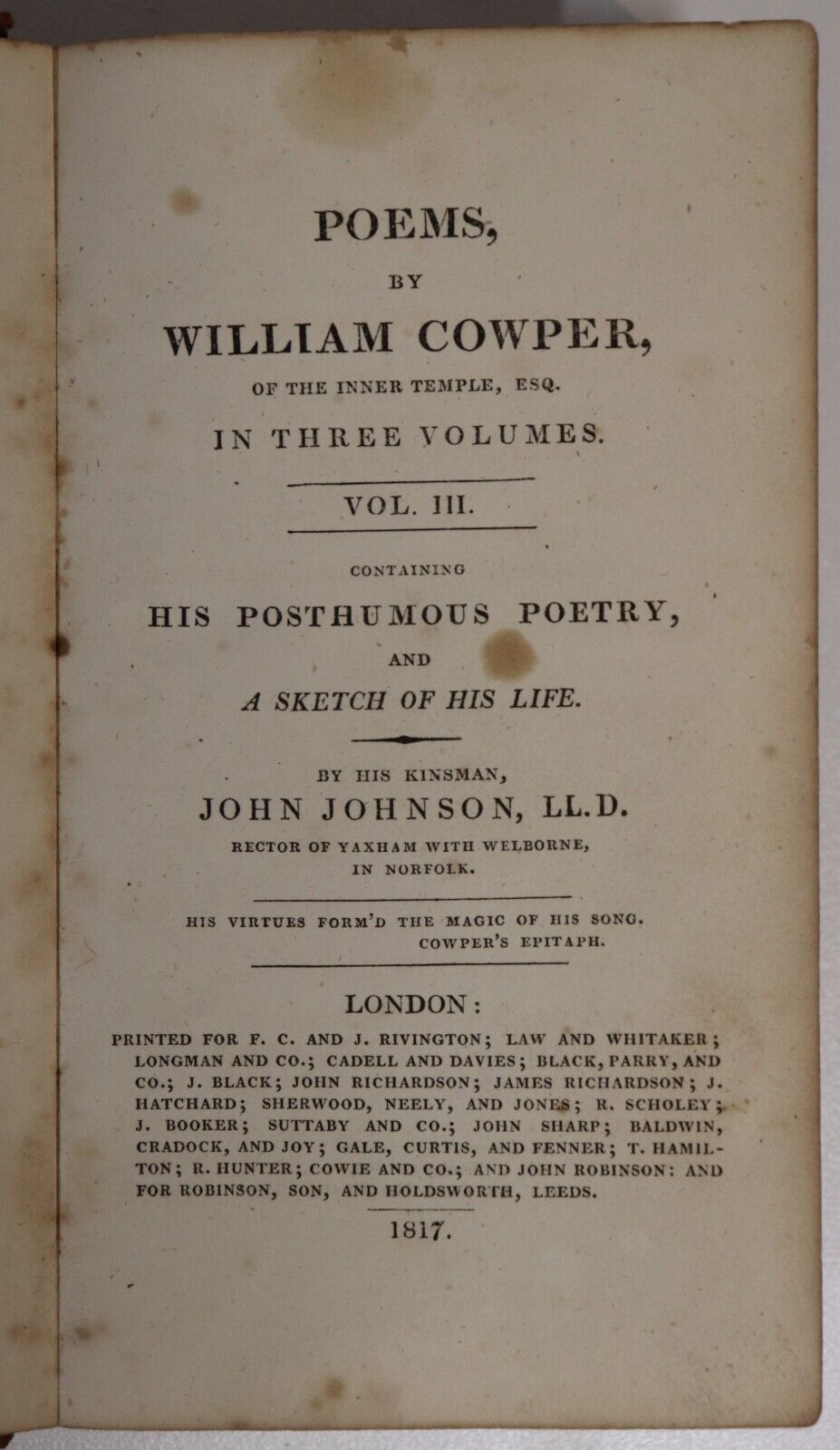 1817 Poems by William Cowper Of The Inner Temple Antique British Poetry Book - 0