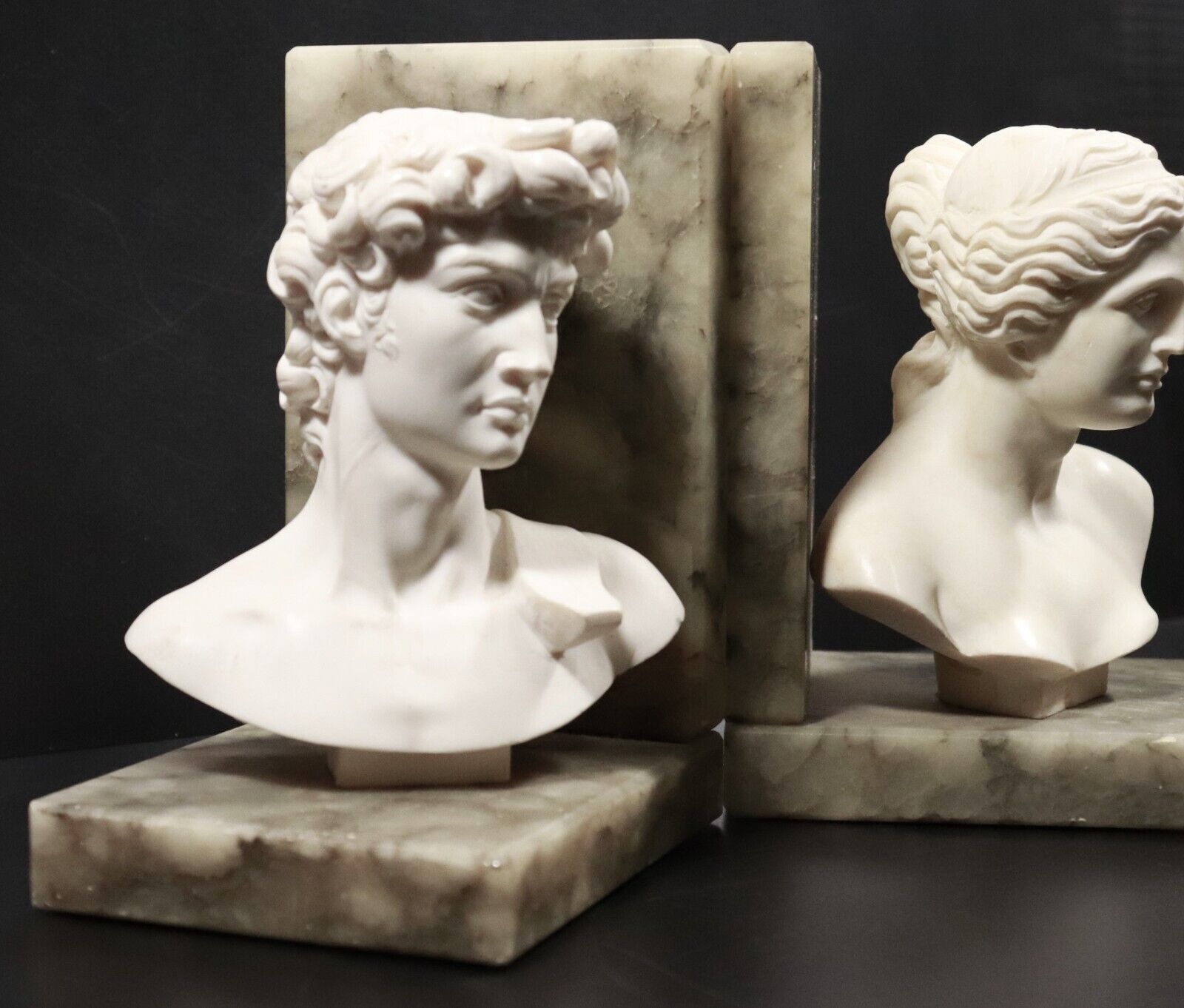 c1960's Genuine Alabaster Italian Made Book Ends With Busts Of David & Aphrodite