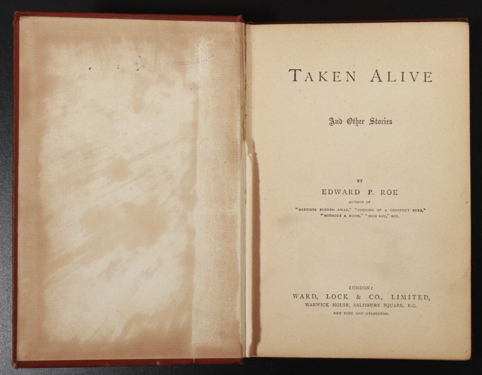 c1910 Taken Alive & Other Stories by E.P. Roe Antique American Fiction Book - 0