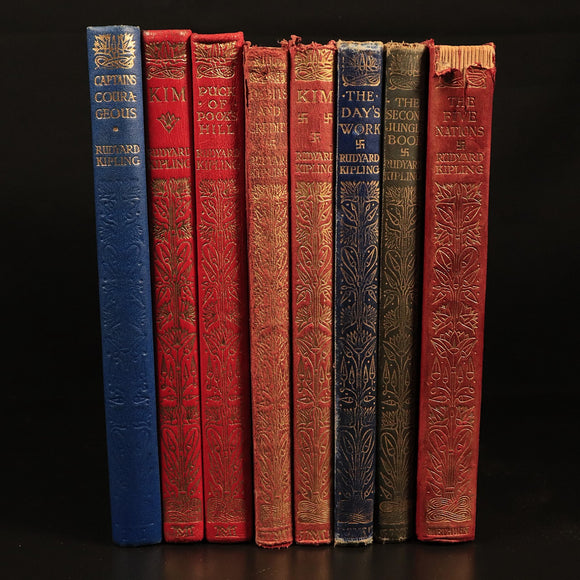 c1909 8vol Rudyard Kipling Library Antique Fiction Book Collection Bulk Lot