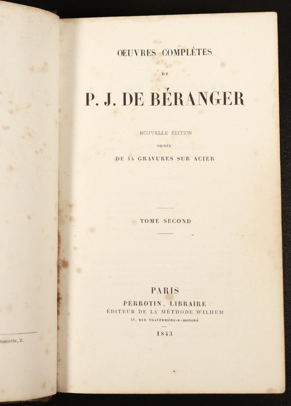 1843 Oeuvres Completes De P.J. De Béranger Antiquarian French Poetry Book Vol 2