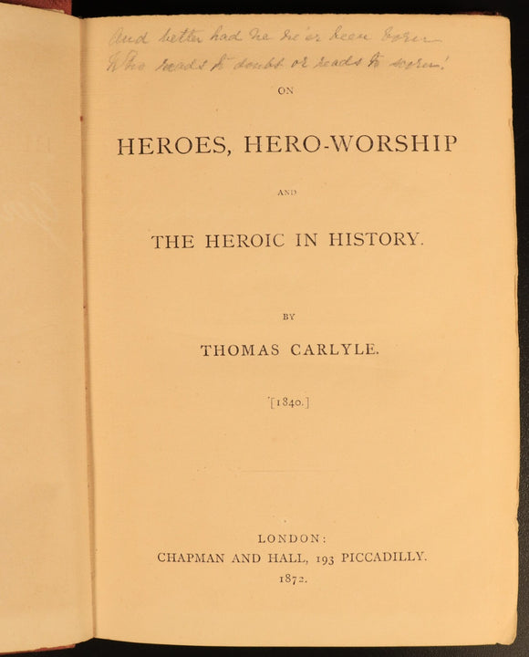 1872 On Heroes & Hero Worship by Thomas Carlyle Antiquarian History Book
