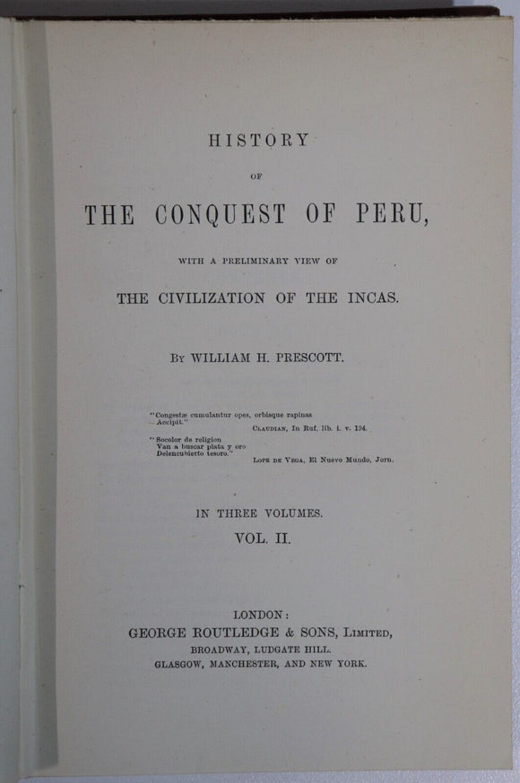 c1910 3vol History Of The Conquest Of Peru WH Prescott Antique History Book Set