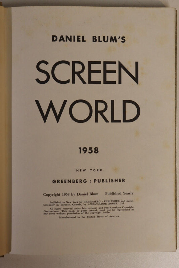 1958 Daniel Blum's Screen World Vintage Film & Cinema History Book