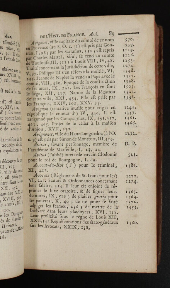 c1785 Table Générale des Matières de l'Histoire de France Antiquarian Book