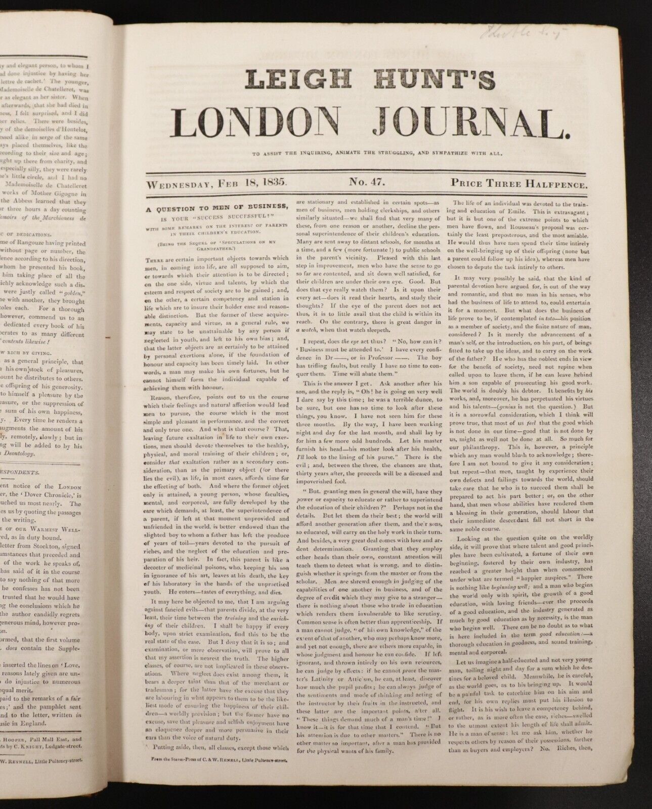 1835 Leigh Hunt's London Journal & The Printing Machine Antiquarian British Book