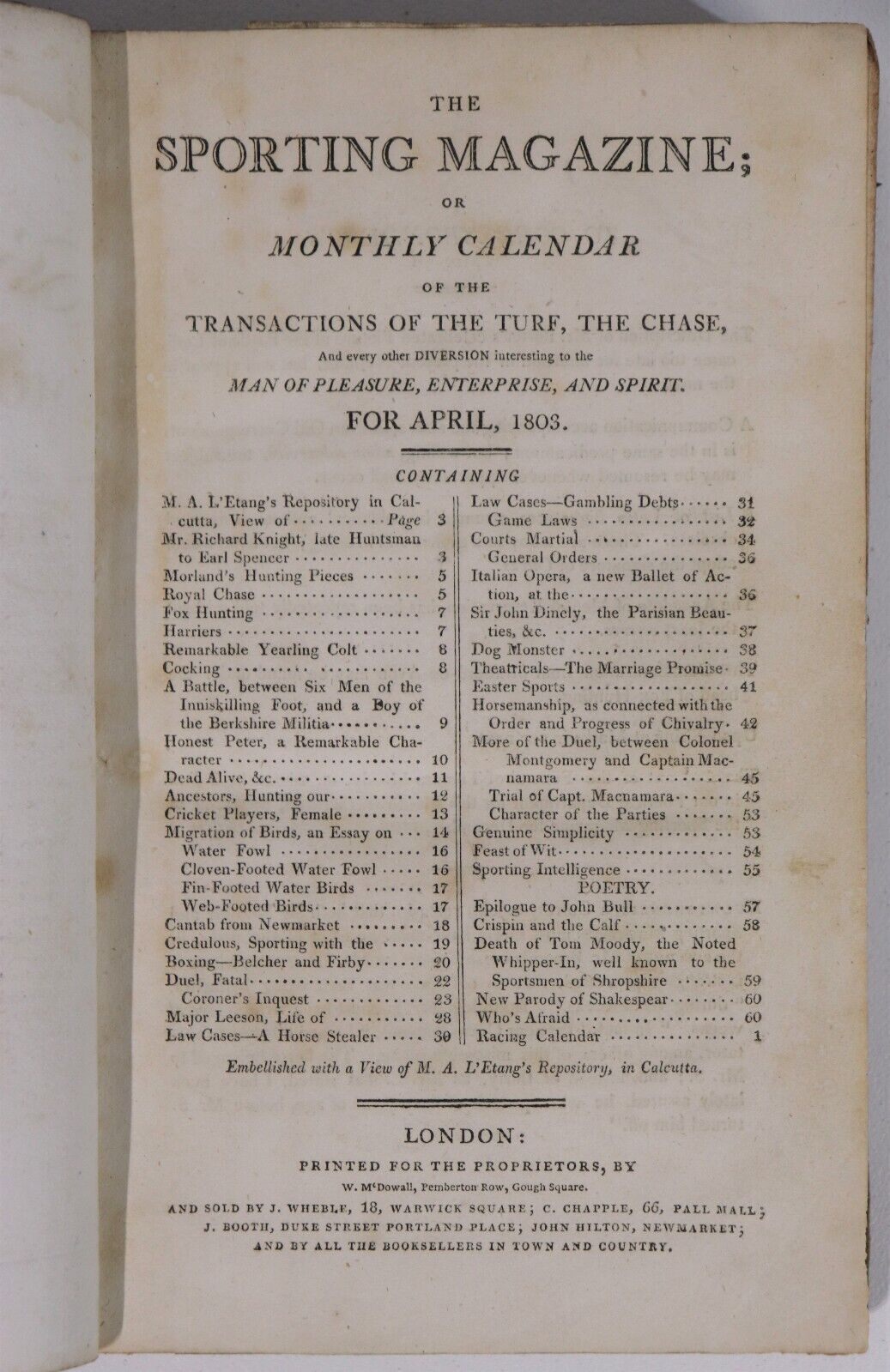 1803 The Sporting Magazine: Monthly Calendar Antique British Sport History Book