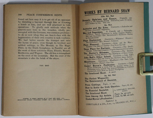 1919 Peace Conference Hints by Bernard Shaw 1st Ed. British Politics Book
