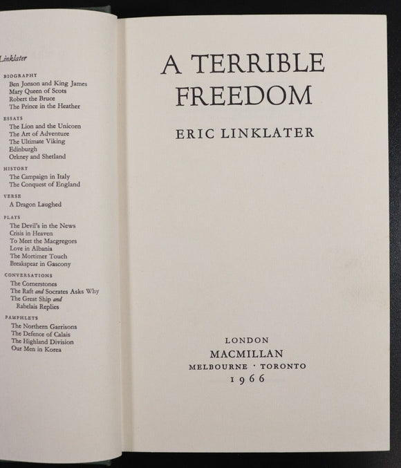 1966 A Terrible Freedom by Eric Linklater Vintage Fiction Book 1st Edition
