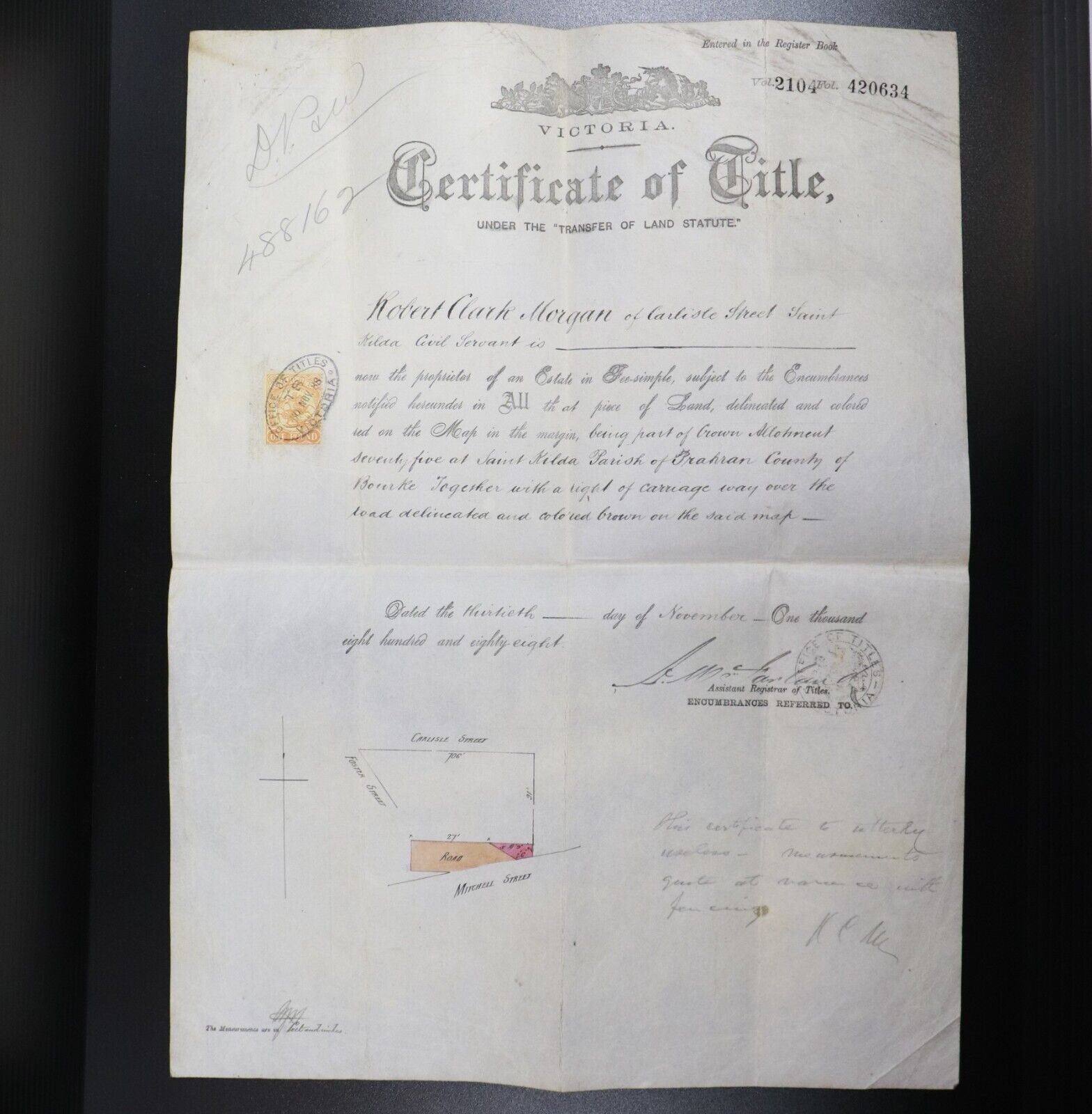 1888 Victorian Land Title Certificate Saint Kilda Melbourne Manuscript Carlisle