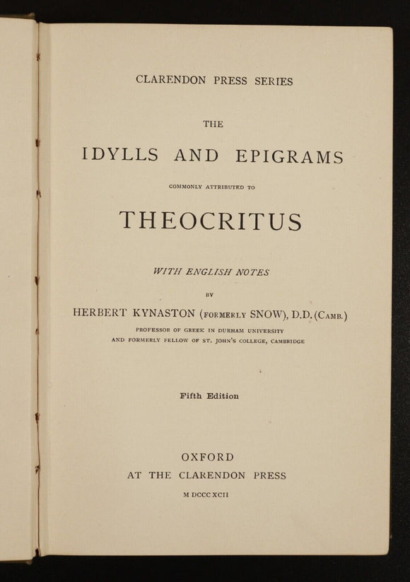 1892 Idylls & Epigrams Attributed To Theocritus H. Kynaston Antique Poetry Book