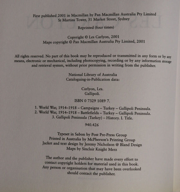 2001 Gallipoli by Les Carlyon WW1 Australian Anzac Military History Book