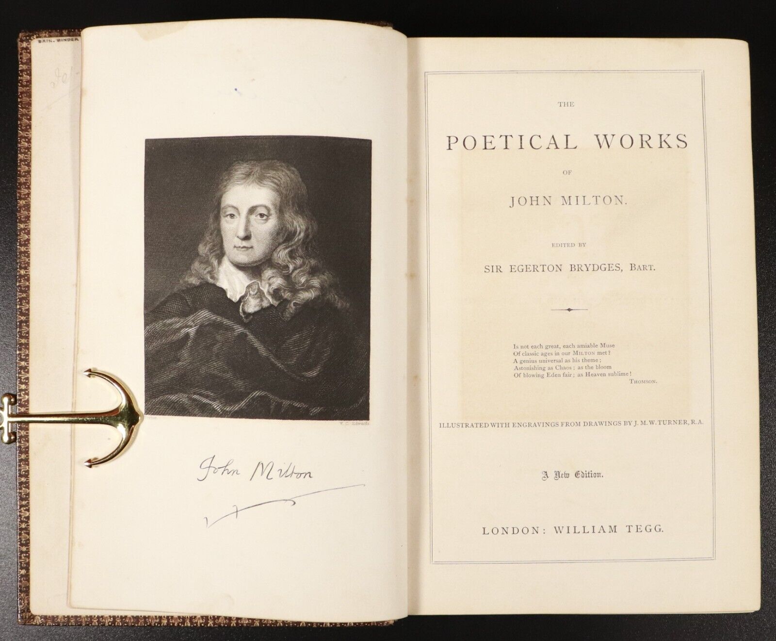 c1864 Poetical Works Of John Milton by E. Brydges Antique Poetry Book JMW Turner