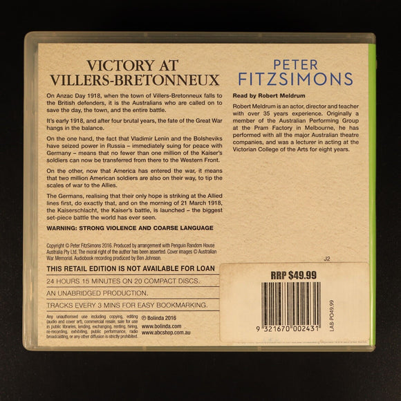 Victory At Villers-Bretonneux Fitzsimons Military History Book Audio CD Bolinda
