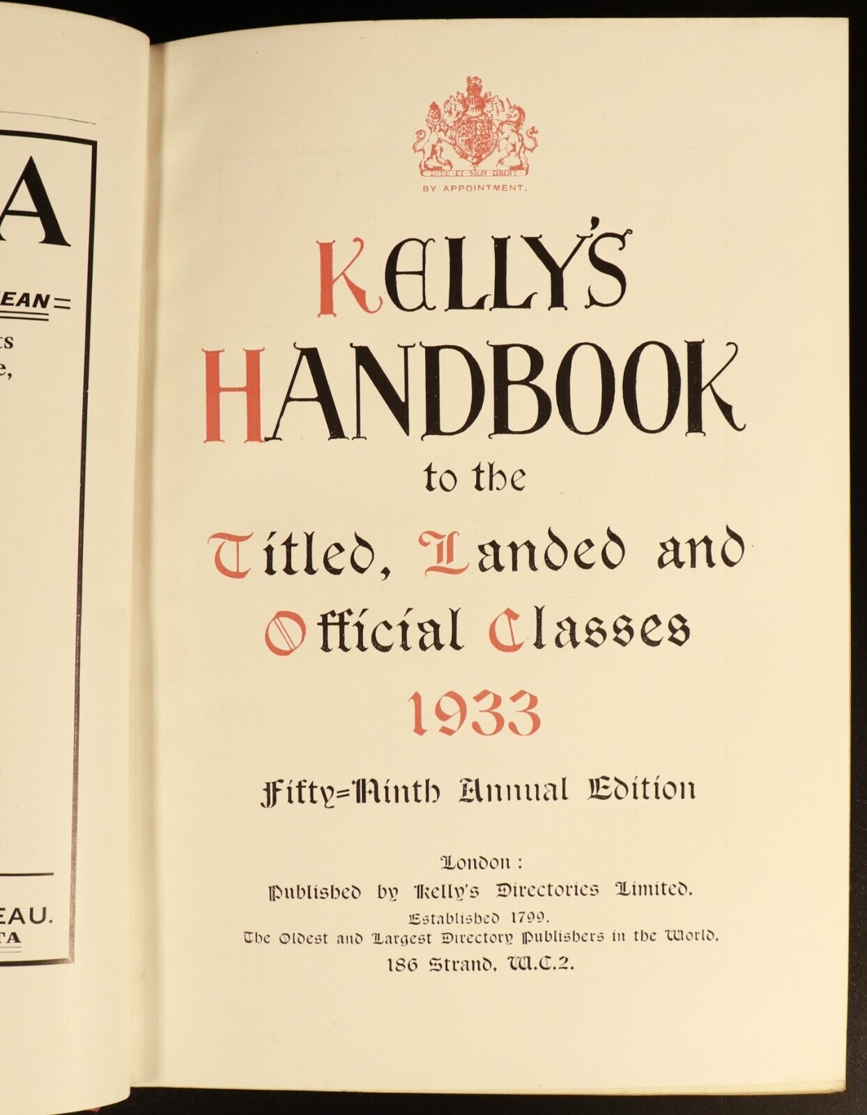 1933 Kellys Handbook Titled Landed Official Classes Antique British History Book