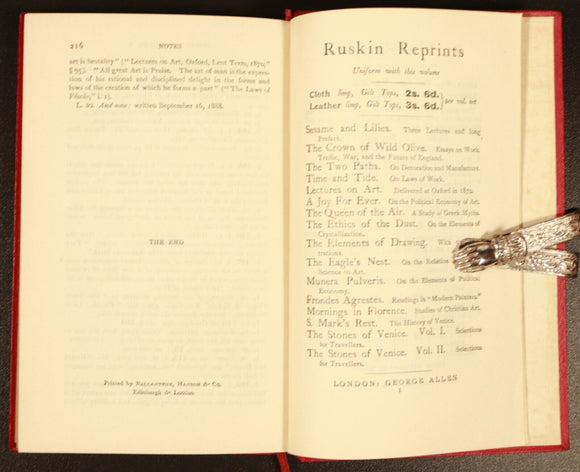 1905 The Ruskin Reader John Ruskin Antique History Book Seven Lamps Architecture