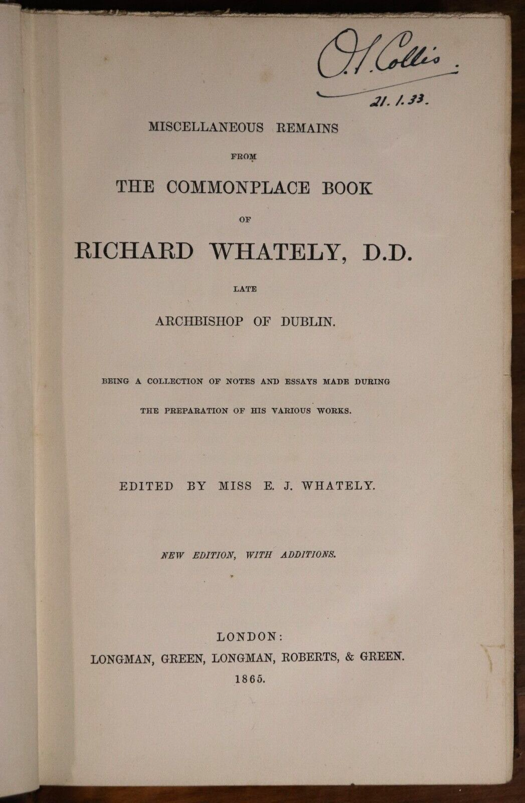 1865 The Commonplace Book Of Richard Whately Antique Irish History Book