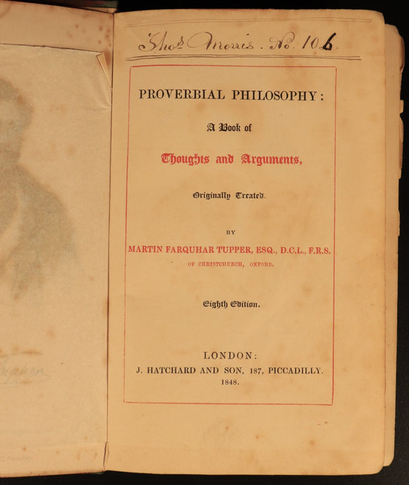 1848 Proverbial Philosophy by Martin Farquhar Tupper Antique Philosophy Book